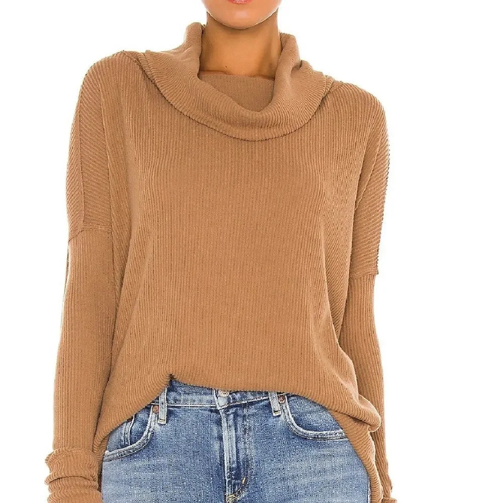 Free People Brown Sweater Cowl Neck Knit Ribbed Top Shirt Tan Desert Neutral